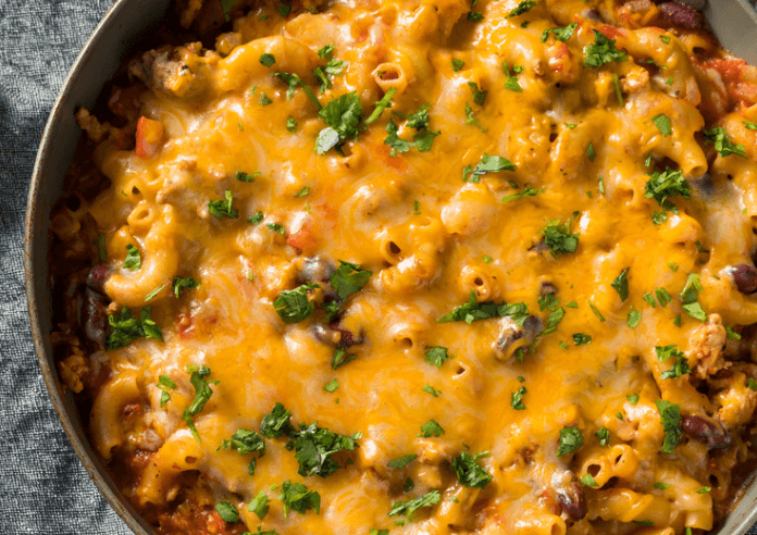 chili mac in a skillet