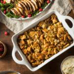 Stuffing in a baking dish with mashed potatoes