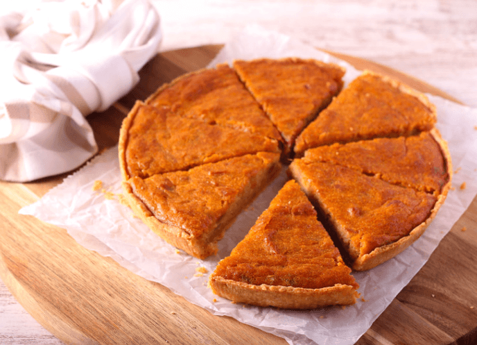 Sweet potato pie cut into slices