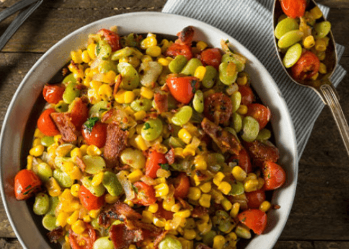 ground beef, tomatoe, corn, and lima bean succotash