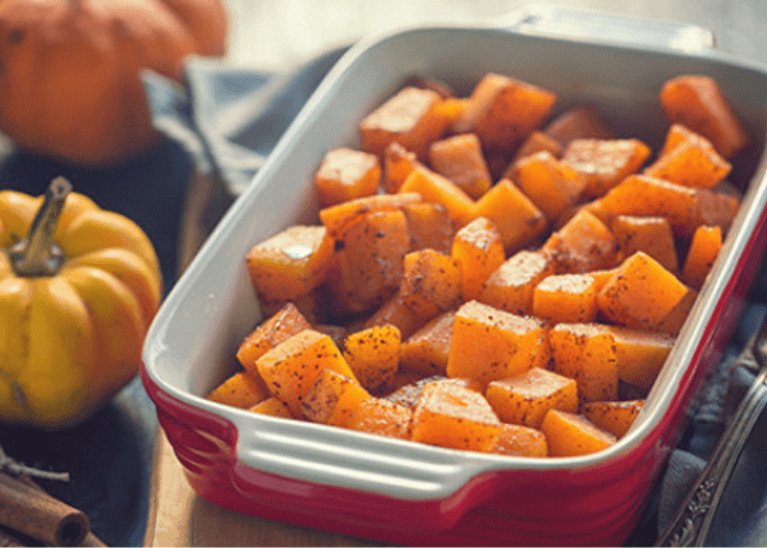 baked diced pumpkin in a dish