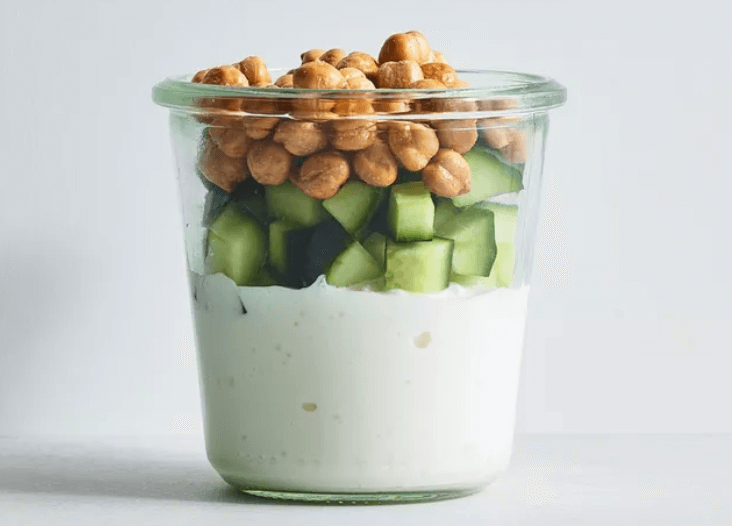 Greek snack jar with yogurt, cucumbers, and chickpeas