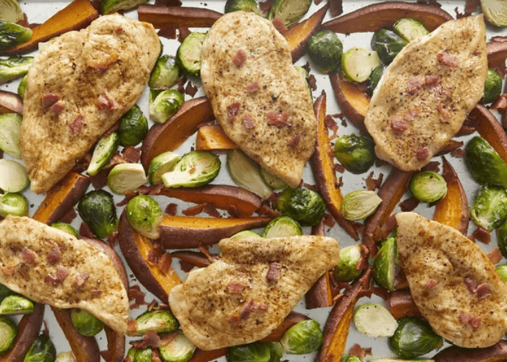 Chicken Cutlets with Brussels Sprouts and Sweet Potatoes