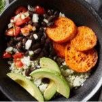 Cauliflower rice, sliced sweet potato, black beans, avocado bowl