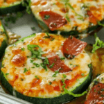 Sliced zucchini bites with pizza sauce and pepperoni