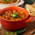 taco soup with beans, ground beef, broth