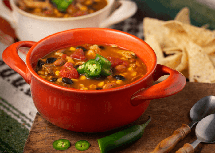 taco soup with beans, ground beef, broth