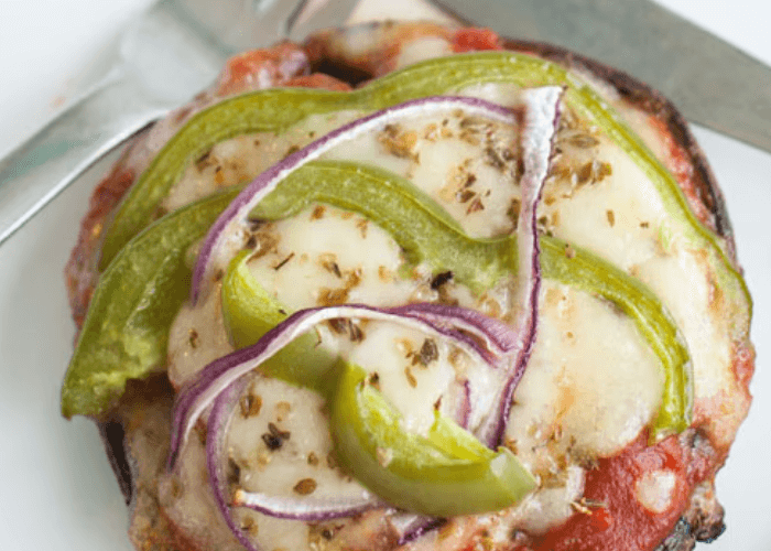 Mushroom with pizza sauce, cheese, green peppers