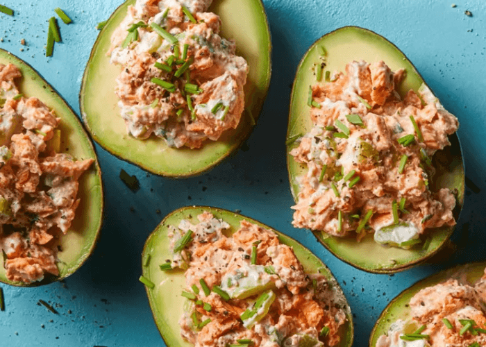 Halved avocados with salmon, Greek yogurt fix