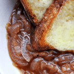 French onion soup in a bowl with bread