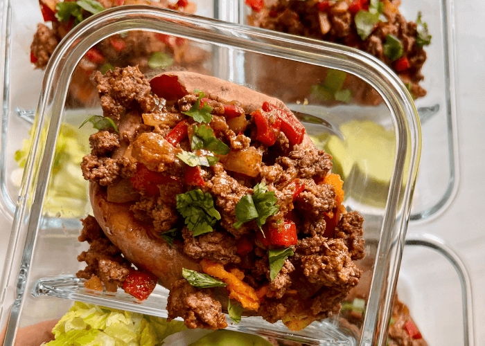 Taco Stuffed Sweet Potatoes with ground beef and peppers