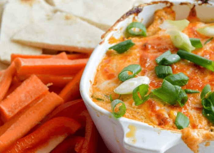 Cottage Cheese Buffalo Chicken Dip with red peppers and tortillas