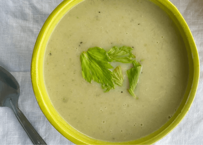 Zero Waste Celery & Potato Soup in a bowl