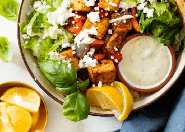 Greek Tofu & Veggies with lemon, bell peppers