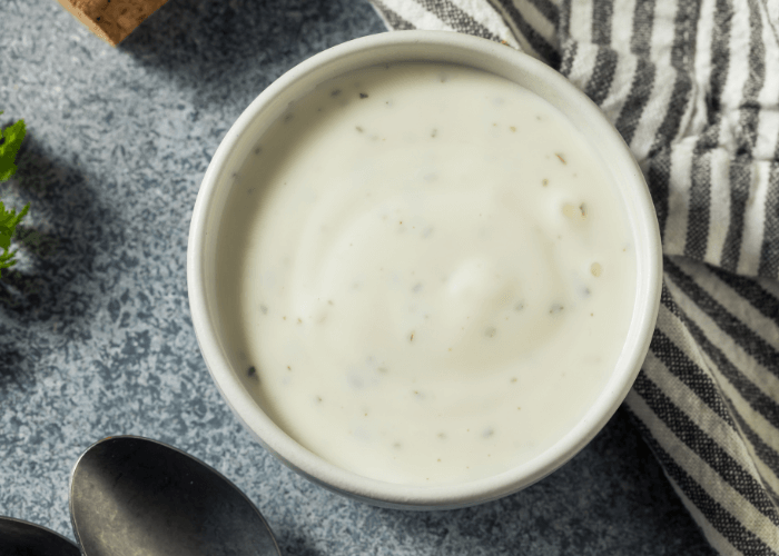 Vegetable ranch dip in a serving dish with Greek yogurt