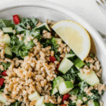 Mediterranean Farro Salad with cucumber, tomatoes, lemon