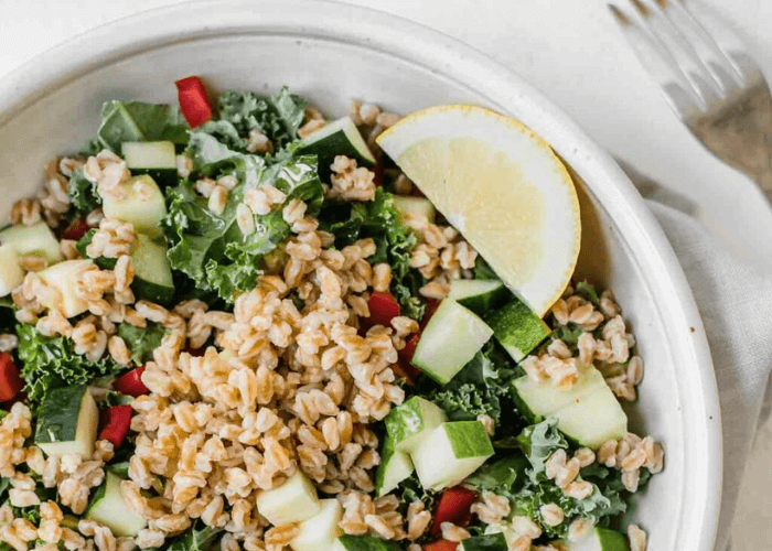 Mediterranean Farro Salad with cucumber, tomatoes, lemon