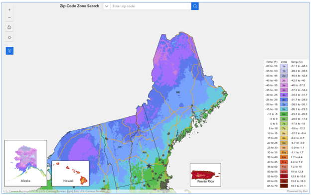 Outline of heat map depicting Maine's climate zones - USDA