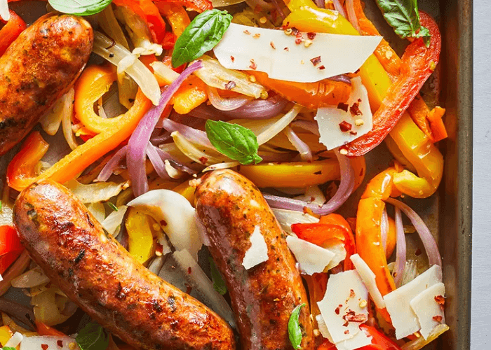 Sheet pan dinner with sliced peppers and chicken sausage