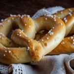 Two soft pretzels on cheese cloth