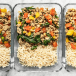 Ground Turkey Stir Fry in 3 containers with brown rice