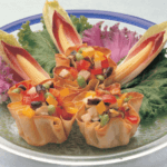 Spring roll wrappers with bell pepper, mushrooms, beans, resembling rainbow cup