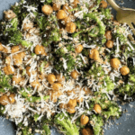 Broccoli Caesar Salad with Crispy Chickpeas with a fork