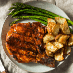 Easy glazed porkchops with diced potatoes and green beans