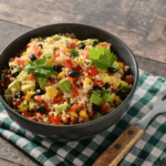 Mexican Quinoa with avocados, corn, tomatoes in a black bowl with checkered hand towel