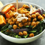 Sweet Potato Chickpea Buddha Bowl with kale and tahini